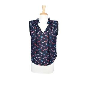 Rebecca Taylor Navy Foral Sakura Clip Silk Top Size Small